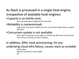 As Stack is processed in a single heat-engine,
irrespective of available heat-engines:
•Capacity is an bottle-neck:
when exceeds engines RAM and CPU threshold
•Reliability is compromised:
Engine fails, then stack is FAILED, but user can't recover engine failure, suppose
operators.
•Concurrent-update is not available
Once stack is locked by a heat-engine, it unlocks only after stack is provisioned.
User end-up in waiting, till stack completes.
In addition, After stack provisioning, On any
underlying cloud infra failure, causes stack as unstable
KVM is down
Network connection is interrupted
Etc.
 