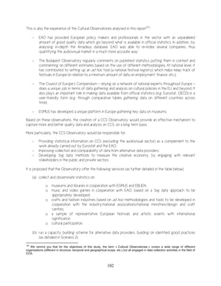 102
This is also the experience of the Cultural Observatories analysed in this report140
:
- EAO has provided European policy makers and professionals in the sector with an unparalleled
amount of good quality data which go beyond what is available in official statistics. In addition, by
analysing in-depth the Amadeus database, EAO was able to re-index several companies, thus
quantifying the audiovisual market in a much more accurate way;
- The Budapest Observatory regularly comments on published statistics putting them in context and
commenting on different estimates based on the use of different methodologies. At national level, it
has contributed to setting up an ad hoc tool (a national festival registry) which helps keep track of
festivals in Europe (in relation to a minimum amount of data on employment, finance, etc.);
- The Council of Europe’s Compendium – relying on a network of national experts throughout Europe -
does a unique job in terms of data gathering and analysis on cultural policies in the EU and beyond. It
also plays an important role in making data available from official statistics (e.g. Eurostat, OECD) in a
user-friendly form (e.g. through comparative tables gathering data on different countries across
time);
- EGMUS has developed a unique platform in Europe gathering key data on museums.
Based on these observations, the creation of a CCS Observatory would provide an effective mechanism to
capture more and better quality data and analysis on CCS, on a long term basis.
More particularly, the CCS Observatory would be responsible for:
- Providing statistical information on CCS (excluding the audiovisual sector) as a complement to the
work already carried out by Eurostat and the EAO;
- Improving collection and comparability of data from alternative data providers;
- Developing ‘big data’ methods to measure the creative economy, by engaging with relevant
stakeholders in the public and private sectors
It is proposed that the Observatory offer the following services (as further detailed in the table below):
(a) collect and disseminate statistics on:
o museums and libraries in cooperation with EGMUS and EBLIDA;
o music and video games in cooperation with EAO, based on a ‘big data’ approach to be
appropriately developed;
o crafts and fashion industries based on ad hoc methodologies and tools to be developed in
cooperation with the industry/national associations/national ministries/design and craft
centres;
o a sample of representative European festivals and artistic events with international
significance;
o cultural participation.
(b) run a capacity building scheme for alternative data providers, building on identified good practices
(as detailed in Scenario 2);
140
We remind you that for the objectives of this study, the term « Cultural Observatories » covers a wide range of different
organisations (different in structure, temporal and geographical scope, etc.) but all engaged in data collection activities in the field of
CCS.
 