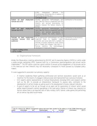 104
(CAE), International Network for
Contemporary Performing Arts in relation to
performing arts (IETM), etc.)
Centralised model
Fashion (at least employment,
turnover and GVA)
Develop appropriate methodologies and
data collection tools (in cooperation with the
industry and sectoral associations) to
regularly measure the fashion industry in
Europe
Contribution to the economy
Crafts (at least employment,
turnover and GVA)
Develop appropriate methodologies and
data collection tools (in cooperation with the
industry and sectoral associations) to
regularly measure the crafts industry in
Europe
Contribution to the economy
Festivals (at least employment,
volunteers, turnover, GVA, and
audiences)
Set up appropriate methodologies and data
collection tools to regularly collect
economic and social data from a sample of
festivals in Europe, inspired by work carried
out in Finland and Hungary (see Box 6 –
Festival statistics: the methodologies
developed in Finland and Hungary)
Contribution to the economy
Cultural participation
+ capacity building actions
+ ad hoc studies
b) Organisational framework
Initially the Observatory could be administered by DG EAC and its executive Agency EACEA or jointly under
a public-private partnership (PPP), financed both by a Commission grant/programme and private sector
stakeholders142
. The PPP option could be a good solution to ensure active engagement of the private sector
in this exercise but their interests may not necessarily correspond to those pursued by European policy
makers.
It is also suggested to associate in an advisory capacity:
- A Creative Leadership Board gathering professional and sectoral associations would work as an
‘incentive’ for the industry to engage in data provision and improvement (as in previous Scenario).
- CCS’ experts and/or representative of Cultural Observatories (including EAO), and research centres
such as the JRC, to provide an interpretative framework to analyse data, contribute to the
development of ad hoc studies as well as assist in the development of policy relevant indicators.
- A pool of experts to be set up through on an open call for expressions of interest which would
gather experts/research centres specialising in the main policy themes of interest (e.g. diversity) or
sectors where there is an important lack of data, notably crafts, fashion, video games and performing
arts as well as ‘big data’/social media.
142
See for instance the different management options that have been studied for the setting up of the OHIM Observatory and
related advantages and disadvantages in European Commission (2011):
http://ec.europa.eu/internal_market/iprenforcement/docs/observatory/sec_2011_0613_en.pdf
 
