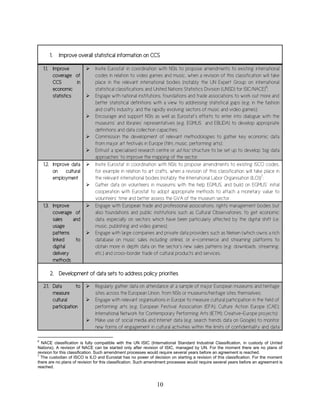10
1. Improve overall statistical information on CCS
1.1. Improve
coverage of
CCS in
economic
statistics
 Invite Eurostat in coordination with NSIs to propose amendments to existing international
codes in relation to video games and music, when a revision of this classification will take
place in the relevant international bodies (notably the UN Expert Group on international
statistical classifications and United Nations Statistics Division (UNSD) for ISIC/NACE)
6
;
 Engage with national institutions, foundations and trade associations to work out more and
better statistical definitions with a view to addressing statistical gaps (e.g. in the fashion
and crafts industry, and the rapidly evolving sectors of music and video games);
 Encourage and support NSIs as well as Eurostat’s efforts to enter into dialogue with the
museums’ and libraries’ representatives (e.g. EGMUS and EBLIDA) to develop appropriate
definitions and data collection capacities;
 Commission the development of relevant methodologies to gather key economic data
from major art festivals in Europe (film, music, performing arts);
 Entrust a specialised research centre or ad hoc structure to be set up to develop ‘big data
approaches’ to improve the mapping of the sector.
1.2. Improve data
on cultural
employment
 Invite Eurostat in coordination with NSIs to propose amendments to existing ISCO codes,
for example in relation to art crafts, when a revision of this classification will take place in
the relevant international bodies (notably the International Labor Organisation (ILO))
7
;
 Gather data on volunteers in museums with the help EGMUS, and build on EGMUS’ initial
cooperation with Eurostat to adopt appropriate methods to attach a monetary value to
volunteers’ time and better assess the GVA of the museum sector.
1.3. Improve
coverage of
sales and
usage
patterns
linked to
digital
delivery
methods
 Engage with European trade and professional associations, rights management bodies but
also foundations and public institutions such as Cultural Observatories, to get economic
data, especially on sectors which have been particularly affected by the digital shift (i.e.
music, publishing and video games);
 Engage with large companies and private data providers such as Nielsen (which owns a rich
database on music sales including online), or e-commerce and streaming platforms to
obtain more in depth data on the sector’s new sales patterns (e.g. downloads, streaming,
etc.) and cross-border trade of cultural products and services.
2. Development of data sets to address policy priorities
2.1. Data to
measure
cultural
participation
 Regularly gather data on attendance at a sample of major European museums and heritage
sites across the European Union, from NSIs or museums/heritage sites themselves;
 Engage with relevant organisations in Europe to measure cultural participation in the field of
performing arts (e.g. European Festival Association (EFA), Culture Action Europe (CAE);
International Network for Contemporary Performing Arts (IETM); Creative-Europe projects);
 Make use of social media and Internet data (e.g. search trends data on Google) to monitor
new forms of engagement in cultural activities within the limits of confidentiality and data
6
NACE classification is fully compatible with the UN ISIC (International Standard Industrial Classification, in custody of United
Nations). A revision of NACE can be started only after revision of ISIC, managed by UN. For the moment there are no plans of
revision for this classification. Such amendment processes would require several years before an agreement is reached.
7
The custodian of ISCO is ILO and Eurostat has no power of decision on starting a revision of this classification. For the moment
there are no plans of revision for this classification. Such amendment processes would require several years before an agreement is
reached.
 