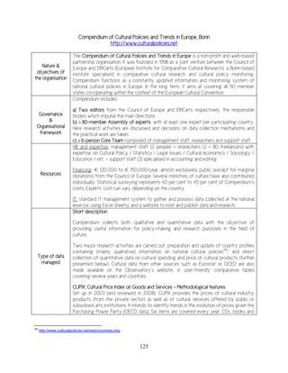 125
Compendium of Cultural Policies and Trends in Europe, Bonn
http://www.culturalpolicies.net
Nature &
objectives of
the organisation
The Compendium of Cultural Policies and Trends in Europe is a non-profit and web-based
partnership organisation. It was founded in 1998 as a joint venture between the Council of
Europe and ERICarts (European Institute for Comparative Cultural Research), a Bonn-based
institute specialised in comparative cultural research and cultural policy monitoring.
Compendium functions as a constantly updated information and monitoring system of
national cultural policies in Europe. In the long term, it aims at covering all 50 member
states co-operating within the context of the European Cultural Convention.
Governance
&
Organisational
framework
Compendium includes:
a) Two editors from the Council of Europe and ERICarts respectively, the responsible
bodies which impulse the main directions.
b) a 80-member Assembly of experts, with at least one expert per participating country.
Here research activities are discussed and decisions on data collection mechanisms and
the practical work are taken.
c) a 6-person Core Team composed of management staff, researchers and support staff
Resources
HR and expertise: management staff (2 people) + researchers (2 + 80 freelancers) with
expertise on Cultural Policy / Statistics / Legal Issues / Cultural economics / Sociology /
Education / etc. + support staff (2) specialised in accounting and editing.
Financing: € 120,000 to € 150,000/year, almost exclusively public (except for marginal
donations) from the Council of Europe. Several ministries of culture have also contributed
individually. Statistical surveying represents 40 per cent to 45 per cent of Compendium‘s
costs. Experts’ cost can vary depending on the country.
IT: standard IT management system to gather and process data collected at the national
level (i.e. using Excel sheets), and a website to host and publish data and research.
Type of data
managed
Short description
Compendium collects both qualitative and quantitative data with the objective of
providing useful information for policy-making and research purposes in the field of
culture.
Two major research activities are carried out: preparation and update of country profiles
containing (mainly qualitative) information on national cultural policies155
; and direct
collection of quantitative data on cultural spending and price of cultural products (further
presented below). Cultural data from other sources such as Eurostat or OCED are also
made available on the Observatory’s website, in ‘user-friendly’ comparative tables
covering several years and countries.
CUPIX: Cultural Price Index on Goods and Services - Methodological features
Set up in 2003 (and reviewed in 2008), CUPIX provides the prices of cultural industry
products (from the private sector) as well as of cultural services offered by public or
subsidised arts institutions. It intends to identify trends in the evolution of prices given the
Purchasing Power Parity (OECD data). Six items are covered every year: CDs, books and
155
http://www.culturalpolicies.net/web/countries.php
 