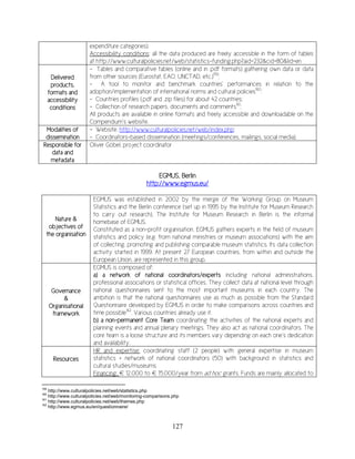 127
expenditure categories).
Accessibility conditions: all the data produced are freely accessible in the form of tables
at http://www.culturalpolicies.net/web/statistics-funding.php?aid=232&cid=80&lid=en
Delivered
products,
formats and
accessibility
conditions
- Tables and comparative tables (online and in .pdf formats) gathering own data or data
from other sources (Eurostat, EAO, UNCTAD, etc.)159
;
- A tool to monitor and benchmark countries’ performances in relation to the
adoption/implementation of international norms and cultural policies160
;
- Countries profiles (.pdf and .zip files) for about 42 countries;
- Collection of research papers, documents and comments161
;
All products are available in online formats and freely accessible and downloadable on the
Compendium’s website.
Modalities of
dissemination
- Website: http://www.culturalpolicies.net/web/index.php;
- Coordinators-based dissemination (meetings/conferences, mailings, social media).
Responsible for
data and
metadata
Oliver Göbel, project coordinator
EGMUS, Berlin
http://www.egmus.eu/
Nature &
objectives of
the organisation
EGMUS was established in 2002 by the merge of the Working Group on Museum
Statistics and the Berlin conference (set up in 1995 by the Institute for Museum Research
to carry out research). The Institute for Museum Research in Berlin is the informal
homebase of EGMUS.
Constituted as a non-profit organisation, EGMUS gathers experts in the field of museum
statistics and policy (e.g. from national ministries or museum associations) with the aim
of collecting, promoting and publishing comparable museum statistics. Its data collection
activity started in 1999. At present 27 European countries, from within and outside the
European Union, are represented in this group.
Governance
&
Organisational
framework
EGMUS is composed of:
a) a network of national coordinators/experts including national administrations,
professional associations or statistical offices. They collect data at national level through
national questionnaires sent to the most important museums in each country. The
ambition is that the national questionnaires use as much as possible from the Standard
Questionnaire developed by EGMUS in order to make comparisons across countries and
time possible162
. Various countries already use it.
b) a non-permanent Core Team coordinating the activities of the national experts and
planning events and annual plenary meetings. They also act as national coordinators. The
core team is a loose structure and its members vary depending on each one’s dedication
and availability.
Resources
HR and expertise: coordinating staff (2 people) with general expertise in museum
statistics + network of national coordinators (50) with background in statistics and
cultural studies/museums.
Financing: € 12,000 to € 15,000/year from ad hoc grants. Funds are mainly allocated to
159
http://www.culturalpolicies.net/web/statistics.php
160
http://www.culturalpolicies.net/web/monitoring-comparisons.php
161
http://www.culturalpolicies.net/web/themes.php
162
http://www.egmus.eu/en/questionnaire/
 