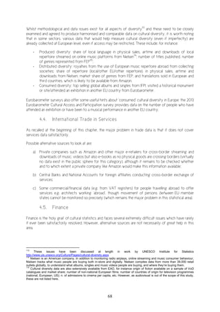 68
Whilst methodological and data issues exist for all aspects of diversity113
and these need to be closely
examined and agreed to produce harmonised and comparable data on cultural diversity, it is worth noting
that in some sectors, various data that would help measure cultural diversity (even if imperfectly) are
already collected at European level, even if access may be restricted. These include, for instance:
- Produced diversity: share of local language in physical sales, airtime and downloads of local
repertoire streamed on online music platforms from Nielsen114
; number of titles published, number
of genres represented from FEP115
;
- Distributed diversity: royalties from the use of European music repertoire abroad from collecting
societies; share of repertoire (local/other EU/other repertoire), in physical sales, airtime and
downloads from Nielsen; market share of genres from FEP; and translations sold in European and
third countries, which is likely to be available from Amazon.
- Consumed diversity: top selling global albums and singles from IFPI; visited a historical monument
or site/attended an exhibition in another EU country from Eurobarometer.
Eurobarometer surveys also offer some useful hints about ‘consumed’ cultural diversity in Europe: the 2013
Eurobarometer Cultural Access and Participation survey provides data on the number of people who have
attended an exhibition or have been to a musical performance in another EU country.
4.4. International Trade in Services
As recalled at the beginning of this chapter, the major problem in trade data is that it does not cover
services data satisfactorily.
Possible alternative sources to look at are:
a) Private companies such as Amazon and other major e-retailers for cross-border streaming and
downloads of music, videos but also e-books as no physical goods are crossing borders (virtually
no data exist in the public sphere for this category), although it remains to be checked whether
and to which extent a private company like Amazon would make this information available;
b) Central Banks and National Accounts for foreign affiliates conducting cross-border exchange of
services;
c) Some commercial/financial data (e.g. from VAT registers) for people travelling abroad to offer
services e.g. architects working ‘abroad’, though movement of persons between EU member
states cannot be monitored so precisely (which remains the major problem in this statistical area).
4.5. Finance
Finance is the ‘holy grail’ of cultural statistics and faces several extremely difficult issues which have rarely
if ever been satisfactorily resolved. However, alternative sources are not necessarily of great help in this
area.
113
These issues have been discussed at length in work by UNESCO Institute for Statistics
http://www.uis.unesco.org/Culture/Pages/cultural-diversity.aspx
114
Nielsen is an American company. In addition to monitoring radio airplays, online streaming and music consumer behaviour,
Nielsen tracks what music people are buying both in-store and digitally. Nielsen compiles data from more than 39,000 retail
outlets globally, to understand what albums, singles and music videos people are buying, and where they’re buying them.
115
Cultural diversity data are also extensively available from EAO, for instance origin of fiction available on a sample of VoD
catalogues and market share; number of non-national European films; number of countries of origin for television programmes
(national, European, US); n. of admissions to cinema per capita, etc. However, as audiovisual is out of the scope of this study,
these are not listed here.
 