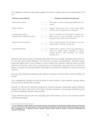 8
The availability of alternative data sources suggests that there is scope to improve the understanding of the
CCS:
Alternative sources explored Examples of potentially retrievable data
Administrative sources Admissions to cultural sites/museums/performing arts
venues.
Business registers Detailed financial data such as Gross Value Added
(GVA) and % of intangible assets in companies.
Professional associations
(including rights management bodies)
Sales of ‘mainstream’ and local contents, revenues from
digital services (e-sales, downloads, streaming, etc.),
copyright royalty collection and distribution.
‘Big data’ providers (Internet) Data on digital ‘practices’ and ‘transactions’ (e.g. social
media statistics, web search trends, etc.).
Cultural Observatories Detailed data on specific sectors (e.g. audiovisual) or
topics (e.g. cultural policies, digitisation of cultural
heritage, museums’ staff, admissions and financial
structure, etc.).
Alternative data sources would not necessarily help address the ‘structural gaps’ identified in official statistics,
but may help obtain ‘market intelligence’ on the sector, its evolution and performance. Alternative sources
would help gather data on issues relevant to policy making. Data collection would be driven by policy
objectives and priorities rather than by exhaustiveness and comparability objectives which are difficult to
achieve. Such policy-led approach presents advantages for justifying the mobilisation of financial and human
resources.
However, when implementing alternative data collection mechanisms several limitations have to be taken into
account5
.
Firstly, geographical coverage will often be limited to some countries as data collection resources greatly
vary from one EU Member State to another.
Secondly, as data are not necessarily produced for statistical purposes, internationally agreed definitions,
standards and quality criteria (such as the Quality Assurance Framework of the European Statistical System)
are often not applied by alternative data providers.
Thirdly, alternative data are often not comparable with official statistics, and not even between countries
within the same dataset.
5
It is very important to collect reliable and comparable data from the perspective of complementing official statistics with alternative
sources. In the context of this study, however, it was not possible to fully assess important aspects including accessibility, coverage,
bias, confidentiality, etc. of alternative sources. Moreover, further research would be needed to verify the sustainability and
continuity of data supply.
 