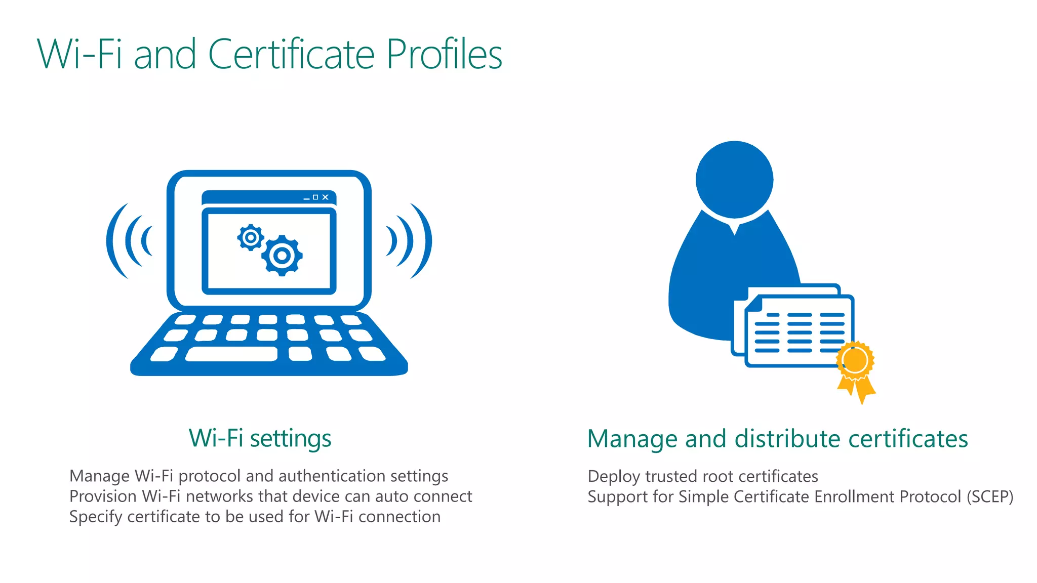 Wi-Fi and Certificate Profiles

Wi-Fi settings
Manage Wi-Fi protocol and authentication settings
Provision Wi-Fi networks that device can auto connect
Specify certificate to be used for Wi-Fi connection

Manage and distribute certificates
Deploy trusted root certificates
Support for Simple Certificate Enrollment Protocol (SCEP)

 