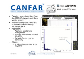 Work by the UVIC team



• Detailed analysis of data from
  the MACHO experiment Dark
  Matter search
• Provide infrastructure for six
  observational astronomy
  survey projects
• Approach:
    – Appliance creation and
      management
    – Running on a Nimbus cloud on
      WestGrid
    – Dynamic Condor pool for
      astronomy
• Status:
    – In production operation since
      July 2010



 11/24/2011                           www.nimbusproject.org                    8
 