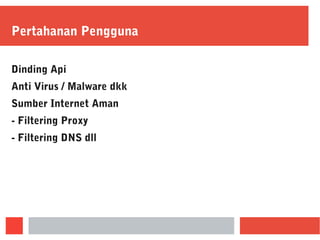 Pertahanan Pengguna
Dinding Api
Anti Virus / Malware dkk
Sumber Internet Aman
- Filtering Proxy
- Filtering DNS dll
 