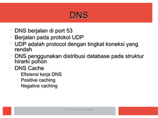 DNSDNS
 DNS berjalan di port 53DNS berjalan di port 53
 Berjalan pada protokol UDPBerjalan pada protokol UDP
 UDP adalah protocol dengan tingkat koneksi yangUDP adalah protocol dengan tingkat koneksi yang
rendahrendah
 DNS penggunakan distribusi database pada strukturDNS penggunakan distribusi database pada struktur
hirarki pohonhirarki pohon
 DNS CacheDNS Cache
 Efisiensi kerja DNSEfisiensi kerja DNS
 Positive cachingPositive caching
 Negative cachingNegative caching
IIT Indore © Neminath HubballiIIT Indore © Neminath Hubballi
 