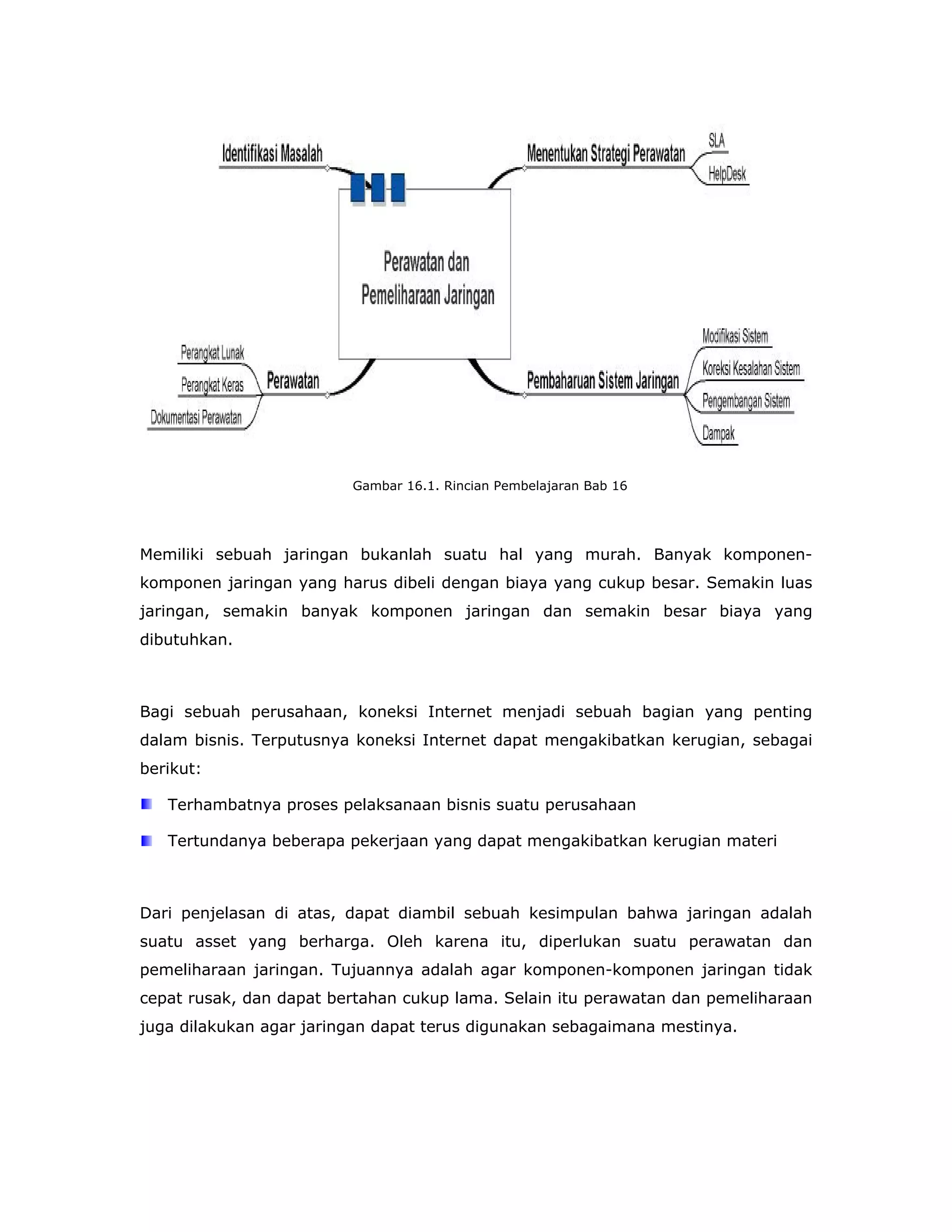 Gambar 16.1. Rincian Pembelajaran Bab 16




Memiliki sebuah jaringan bukanlah suatu hal yang murah. Banyak komponen-
komponen jaringan yang harus dibeli dengan biaya yang cukup besar. Semakin luas
jaringan, semakin banyak komponen jaringan dan semakin besar biaya yang
dibutuhkan.



Bagi sebuah perusahaan, koneksi Internet menjadi sebuah bagian yang penting
dalam bisnis. Terputusnya koneksi Internet dapat mengakibatkan kerugian, sebagai
berikut:

   Terhambatnya proses pelaksanaan bisnis suatu perusahaan

   Tertundanya beberapa pekerjaan yang dapat mengakibatkan kerugian materi



Dari penjelasan di atas, dapat diambil sebuah kesimpulan bahwa jaringan adalah
suatu asset yang berharga. Oleh karena itu, diperlukan suatu perawatan dan
pemeliharaan jaringan. Tujuannya adalah agar komponen-komponen jaringan tidak
cepat rusak, dan dapat bertahan cukup lama. Selain itu perawatan dan pemeliharaan
juga dilakukan agar jaringan dapat terus digunakan sebagaimana mestinya.
 