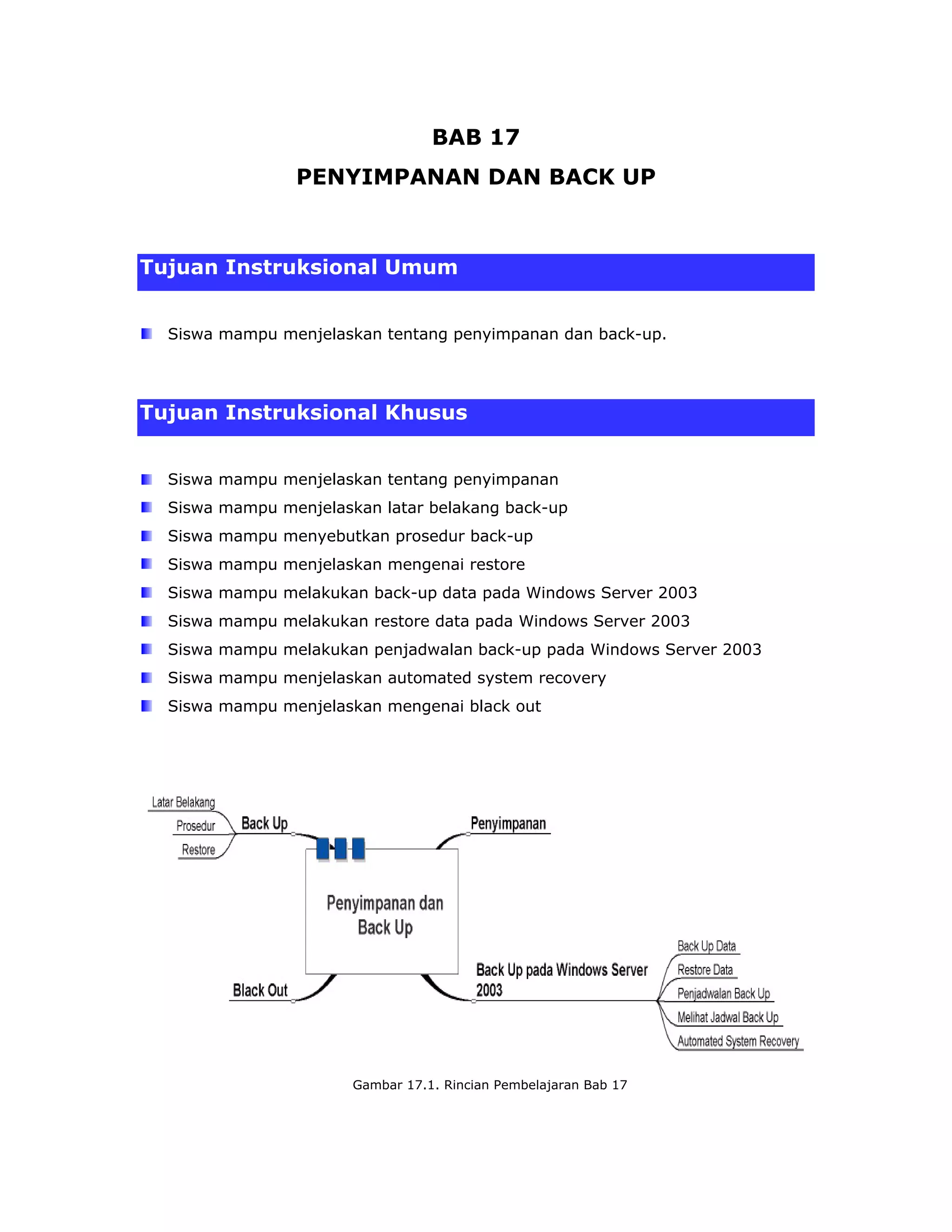 BAB 17
                PENYIMPANAN DAN BACK UP



Tujuan Instruksional Umum


  Siswa mampu menjelaskan tentang penyimpanan dan back-up.




Tujuan Instruksional Khusus


  Siswa mampu menjelaskan tentang penyimpanan
  Siswa mampu menjelaskan latar belakang back-up
  Siswa mampu menyebutkan prosedur back-up
  Siswa mampu menjelaskan mengenai restore
  Siswa mampu melakukan back-up data pada Windows Server 2003
  Siswa mampu melakukan restore data pada Windows Server 2003
  Siswa mampu melakukan penjadwalan back-up pada Windows Server 2003
  Siswa mampu menjelaskan automated system recovery
  Siswa mampu menjelaskan mengenai black out




                       Gambar 17.1. Rincian Pembelajaran Bab 17
 