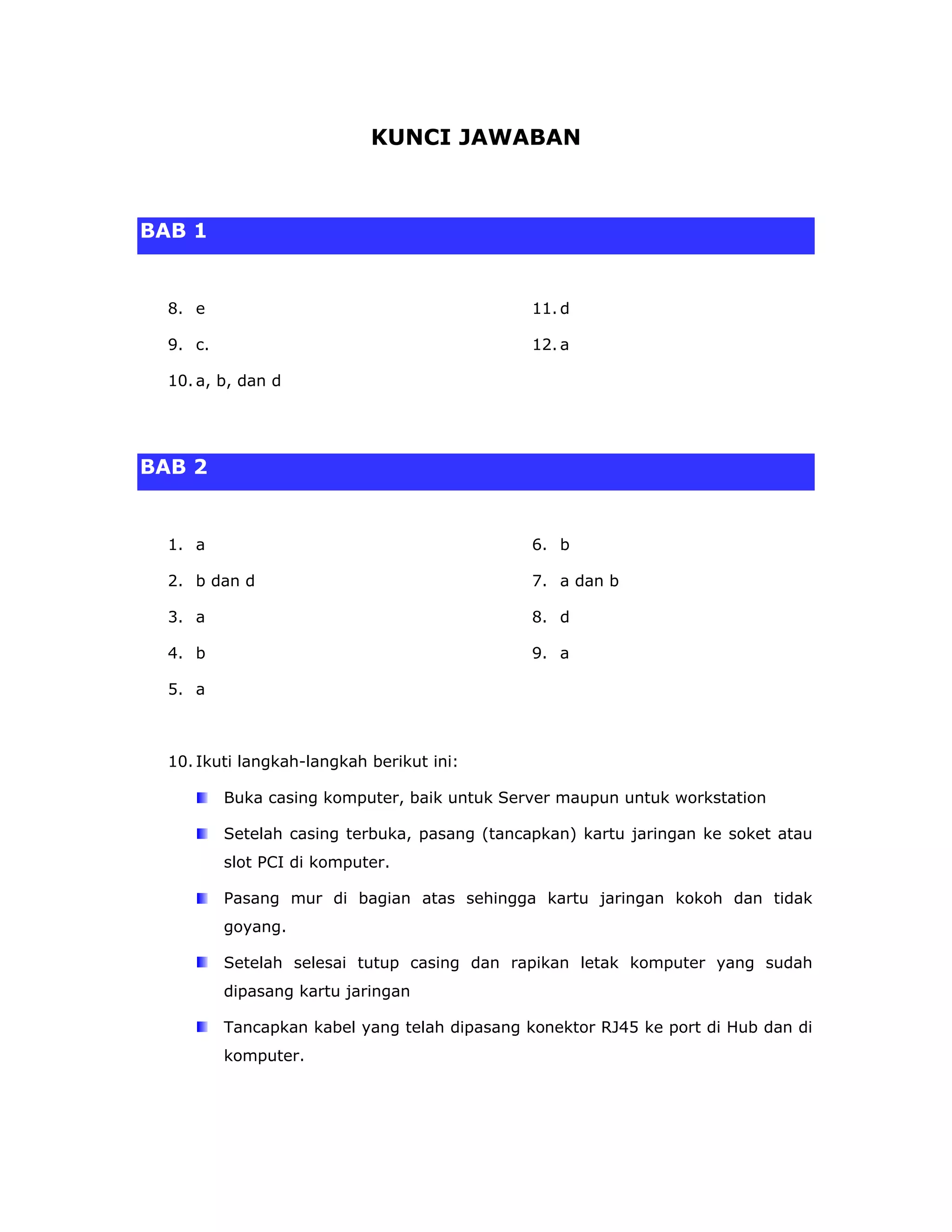 KUNCI JAWABAN



BAB 1


  8. e                                         11. d

  9. c.                                        12. a

  10. a, b, dan d




BAB 2


  1. a                                         6. b

  2. b dan d                                   7. a dan b

  3. a                                         8. d

  4. b                                         9. a

  5. a



  10. Ikuti langkah-langkah berikut ini:

          Buka casing komputer, baik untuk Server maupun untuk workstation

          Setelah casing terbuka, pasang (tancapkan) kartu jaringan ke soket atau
          slot PCI di komputer.

          Pasang mur di bagian atas sehingga kartu jaringan kokoh dan tidak
          goyang.

          Setelah selesai tutup casing dan rapikan letak komputer yang sudah
          dipasang kartu jaringan

          Tancapkan kabel yang telah dipasang konektor RJ45 ke port di Hub dan di
          komputer.
 