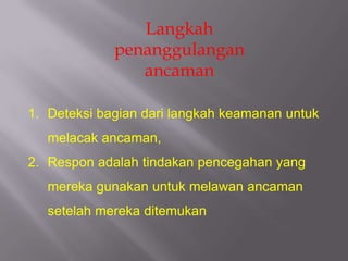 Langkah
             penanggulangan
                ancaman

1. Deteksi bagian dari langkah keamanan untuk
   melacak ancaman,
2. Respon adalah tindakan pencegahan yang
   mereka gunakan untuk melawan ancaman
   setelah mereka ditemukan
 