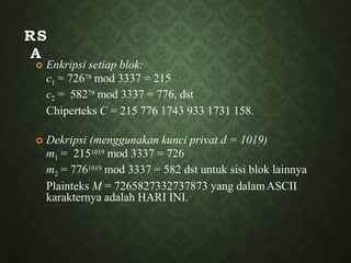 RS
A
 Enkripsi setiap blok:
c1 = 72679 mod 3337 = 215
c2 = 58279 mod 3337 = 776, dst
Chiperteks C = 215 776 1743 933 1731 158.
 Dekripsi (menggunakan kunci privat d = 1019)
m1 = 2151019 mod 3337 = 726
m2 = 7761019 mod 3337 = 582 dst untuk sisi blok lainnya
Plainteks M = 7265827332737873 yang dalamASCII
karakternya adalah HARI INI.
 
