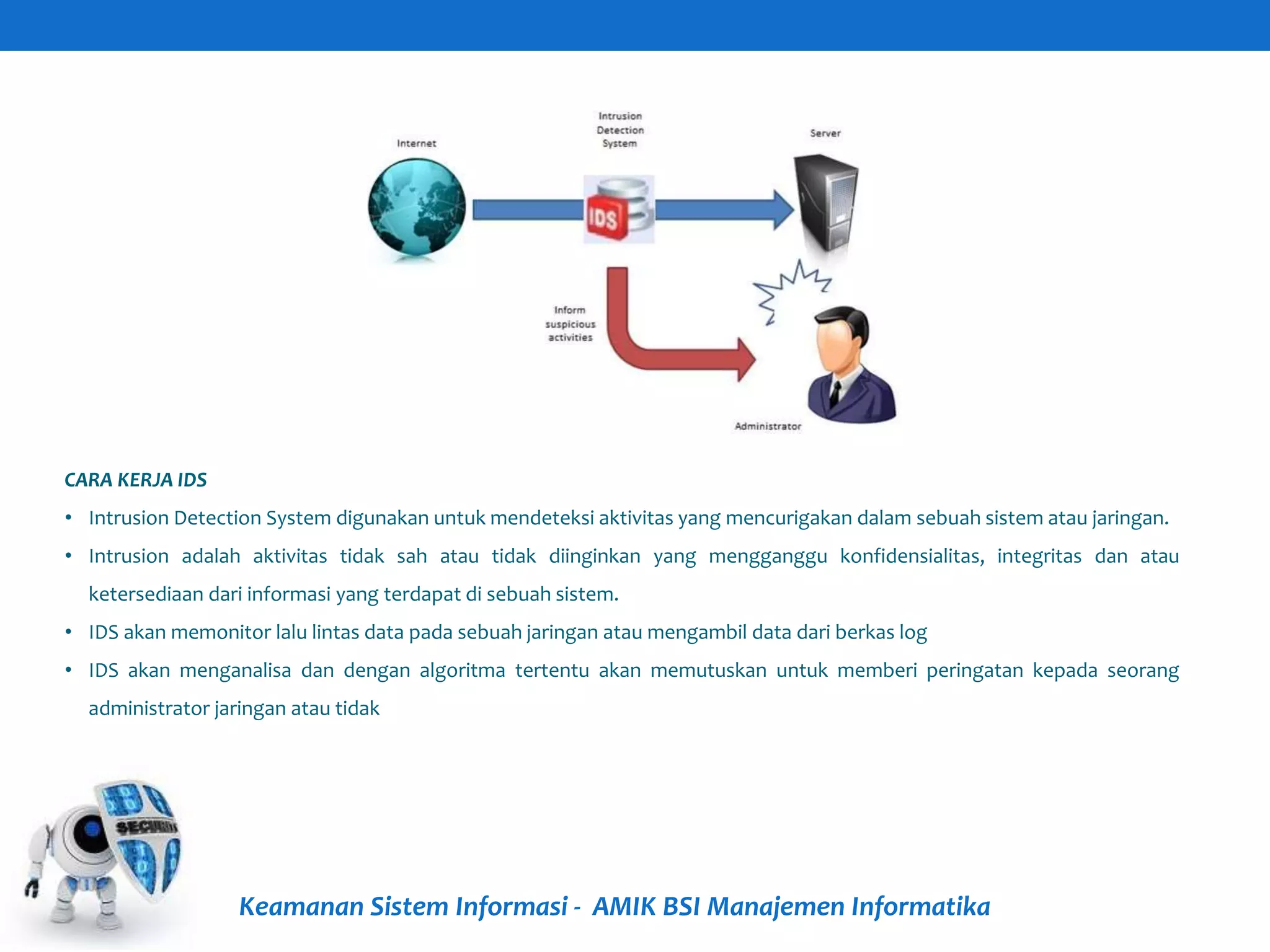 Keamanan Sistem Informasi - AMIK BSI Manajemen Informatika
CARA KERJA IDS
• Intrusion Detection System digunakan untuk mendeteksi aktivitas yang mencurigakan dalam sebuah sistem atau jaringan.
• Intrusion adalah aktivitas tidak sah atau tidak diinginkan yang mengganggu konfidensialitas, integritas dan atau
ketersediaan dari informasi yang terdapat di sebuah sistem.
• IDS akan memonitor lalu lintas data pada sebuah jaringan atau mengambil data dari berkas log
• IDS akan menganalisa dan dengan algoritma tertentu akan memutuskan untuk memberi peringatan kepada seorang
administrator jaringan atau tidak
 