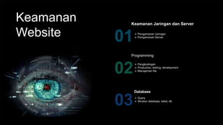 Keamanan
Website
Keamanan Jaringan dan Server
 Pengamanan Jaringan
 Pengamanan Server.
Programming
 Pengkodingan
 Production, testing, development
 Manajemen file
Database
 Query
 Struktur database, tabel, dll.
 