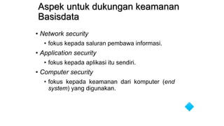 Aspek untuk dukungan keamanan
Basisdata
• Network security
• fokus kepada saluran pembawa informasi.
• Application security
• fokus kepada aplikasi itu sendiri.
• Computer security
• fokus kepada keamanan dari komputer (end
system) yang digunakan.
 