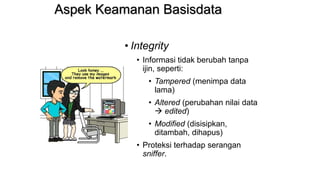 Aspek Keamanan Basisdata
• Integrity
• Informasi tidak berubah tanpa
ijin, seperti:
• Tampered (menimpa data
lama)
• Altered (perubahan nilai data
 edited)
• Modified (disisipkan,
ditambah, dihapus)
• Proteksi terhadap serangan
sniffer.
 