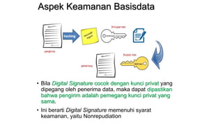 Aspek Keamanan Basisdata
• Bila Digital Signature cocok dengan kunci privat yang
dipegang oleh penerima data, maka dapat dipastikan
bahwa pengirim adalah pemegang kunci privat yang
sama.
• Ini berarti Digital Signature memenuhi syarat
keamanan, yaitu Nonrepudiation
 