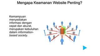 Mengapa Keamanan Website Penting?
Kemampuan
menyediakan
informasi dengan
cepat dan akurat,
merupakan kebutuhan
dalam information-
based society.
 
