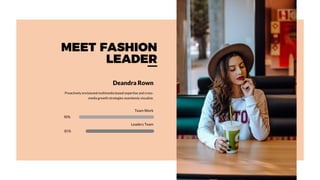Proactively envisioned multimedia based expertise and cross-
media growth strategies seamlessly visualize.
Team Work
90%
Leaders Team
85%
Deandra Rown
MEET FASHION
LEADER
 