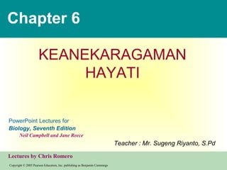 Chapter 6

                     KEANEKARAGAMAN
                          HAYATI

PowerPoint Lectures for
Biology, Seventh Edition
       Neil Campbell and Jane Reece
                                                                           Teacher : Mr. Sugeng Riyanto, S.Pd
Lectures by Chris Romero
Copyright © 2005 Pearson Education, Inc. publishing as Benjamin Cummings
 