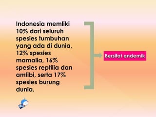 Indonesia memliki
10% dari seluruh
spesies tumbuhan
yang ada di dunia,
12% spesies
mamalia, 16%
spesies reptilia dan
amfibi, serta 17%
spesies burung
dunia.
 