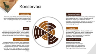 Konservasi
Eksitu
Agroforestry
Suspended Eksitu Extractive Reserve
Intersitu
Konservasi Insitu
salah satu sistem konservasi yang bertujuan menjaga
keanekaragaman jenis di dalam ekosistem aslinya.
Konservasi dengan cara ini ditandai dengan
ditetapkannya batas-batas kawasan konservasi yang
melindunginya ekosistem dari gangguan aktivitas
manusia yang merusak.
konservasi yang dilakukan di suatu areal di mana
jenis asli masih ada, tetapi berada di luar kawasan
konservasi, di Indonesia kawasan ini biasanya
berada di bawah pengawasan Perhutani dan
pemilik hak pengusahaan hutan.
kawasan konservasi yang
memperbolehkan pengambilan
sumberdaya tertentu dalam (secara
teoritis) jumlah yang tidak merusak
lingkungan/dalam batas daya dukung
kawasan yang dikelola dengan semi intensif yang
berorientasi pada produksi dengan ketergantungan
yang cukup tinggi terhadap input energi dan materi
dari luar
program konservasi yang dilakukan di luar habitat
aslinya seperti di botanical garden, kebun binatang,
aquarium, dan lembaga sejenis yang menjaga dan
memperkembangkan jenis-jenis tumbuhan maupun
hewan
merupakan aplikasi ilmu biologi yaitu bioteknologi,
metabolisme, organisme hidup diperlambat bahkan
dihentikan. Kegiatan-kegiatan yang termasuk
dalam konservasi golongan ini adalah bank gen,
bank biji, koleksi kultur jaringan dan pengawetan
cryogenik (cryopreserved) gamet, zigot maupun
embrio.
 
