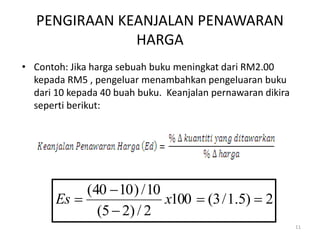 PENGIRAAN KEANJALAN PENAWARAN
HARGA
• Contoh: Jika harga sebuah buku meningkat dari RM2.00
kepada RM5 , pengeluar menambahkan pengeluaran buku
dari 10 kepada 40 buah buku. Keanjalan pernawaran dikira
seperti berikut:
2)5.1/3(100
2/)25(
10/)1040(



 xEs
11
 