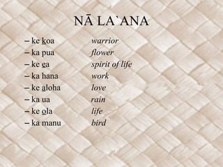 ke  k oa  warrior   ka pua  flower ke  e a  spirit of life  ka hana  work ke  a loha  love   ka ua  rain ke  o la  life   ka manu  bird NĀ LA`ANA 