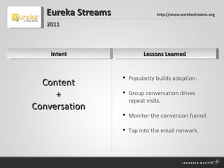 Intent Eureka Streams Lessons Learned 2011 Popularity builds adoption. Group conversation drives repeat visits. Monitor the conversion funnel. Tap into the email network. Content + Conversation http://www.eurekastreams.org 