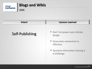 Intent Blogs and Wikis Lessons Learned 2006 Don’t let power users dictate design. Grassroots momentum is effective. Sensitive information sharing is a challenge. Self-Publishing 