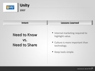 Intent Unity Lessons Learned 2007 Internal marketing required to highlight value. Culture is more important than technology. Keep tools simple. Need to Know vs. Need to Share 