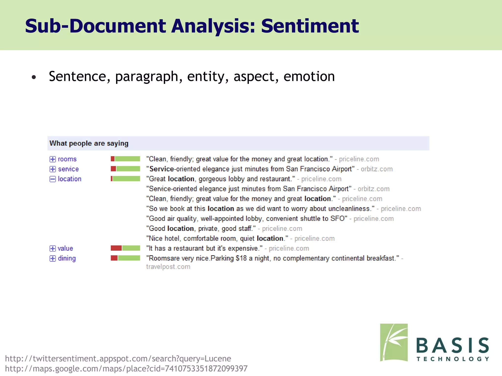 Sub-Document Analysis: Sentiment

     • Sentence, paragraph, entity, aspect, emotion




http://twittersentiment.appspot.com/search?query=Lucene
http://maps.google.com/maps/place?cid=7410753351872099397
 