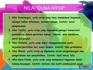 1. Nilai Penerangan, yaitu arsip yang hany mempunyai kegunaan
sebagai bahan informasi, pemberitahuan. Contoh: surat
pengumuman
2. Nilai Yuridis, yaitu arsip yang digunakan sebagai bahan/alat
pembuktian dalam peristiwa hukum. Contoh: akta kelahiran,
surat perjanjian
3. Nilai Historis, yaitu yang dapat menggambarkan suatu
kejadian/peristiwa dari masa lampau. Contoh: teks proklamasi
4. Nilai Ilmiah, yaitu Arsip yg digunakan untuk pengembangan ilmu
pengetahuan dan penyelidikan. Contoh: hasil karya tulis
5. Nilai Guna Fiskal, yaitu arsip yang mempunyai kegunaan dalam
bidang keuangan. Contoh: kuitansi dan bukti pembayaran pajak
NILAI GUNA ARSIP
Menu
 
