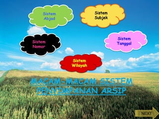 MACAM-MACAM SISTEM
PENYIMPANAN ARSIP
Sistem
Nomor
Sistem
Tanggal
Sistem
Abjad
NEXT
 