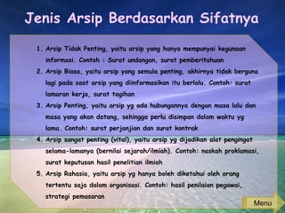 Jenis Arsip Berdasarkan Sifatnya
1. Arsip Tidak Penting, yaitu arsip yang hanya mempunyai kegunaan
informasi. Contoh : Surat undangan, surat pemberitahuan
2. Arsip Biasa, yaitu arsip yang semula penting, akhirnya tidak berguna
lagi pada saat arsip yang diinformasikan itu berlalu. Contoh: surat
lamaran kerja, surat tagihan
3. Arsip Penting, yaitu arsip yg ada hubungannya dengan masa lalu dan
masa yang akan datang, sehingga perlu disimpan dalam waktu yg
lama. Contoh: surat perjanjian dan surat kontrak
4. Arsip sangat penting (vital), yaitu arsip yg dijadikan alat pengingat
selama-lamanya (bernilai sejarah/ilmiah). Contoh: naskah proklamasi,
surat keputusan hasil penelitian ilmiah
5. Arsip Rahasia, yaitu arsip yg hanya boleh diketahui oleh orang
tertentu saja dalam organisasi. Contoh: hasil penilaian pegawai,
strategi pemasaran
Menu
 