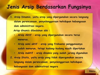 Jenis Arsip Berdasarkan Fungsinya
1. Arsip Dinamis, yaitu arsip yang dipergunakan secara langsung
dalam perencanaan, penyelenggaraan kehidupan kebangsaan
dam administrasi negara.
Arisp dinamis dibedakan sbb :
• Arsip Aktif : arsip yang dipergunakan secara terus
menerus.
• Arsip semi aktif : arsip yang frekuensi penggunaanya
sudah menurun, tetapi kadang-kadang masih diperlukan
• Arsip inaktif : arsip dinamis yang sudah jarang digunakan
2. Arsip Statis, yaitu arsip yang tidak dipergunakan secara
langsung dalam perencanaan, penyelenggaraan kehidupan
kebangsaan dam administrasi negara
Menu
 