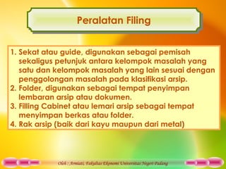 Oleh : Armiati, Fakultas Ekonomi Universitas Negeri Padang
Peralatan FilingPeralatan Filing
1. Sekat atau guide, digunakan sebagai pemisah
sekaligus petunjuk antara kelompok masalah yang
satu dan kelompok masalah yang lain sesuai dengan
penggolongan masalah pada klasifikasi arsip.
2. Folder, digunakan sebagai tempat penyimpan
lembaran arsip atau dokumen.
3. Filling Cabinet atau lemari arsip sebagai tempat
menyimpan berkas atau folder.
4. Rak arsip (baik dari kayu maupun dari metal)
 