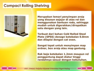 Oleh : Armiati, Fakultas Ekonomi Universitas Negeri Padang
Compact Rolling Shelving
Merupakan lemari penyimpan arsip
yang disusun sejajar di atas rel dan
menggunakan bantuan roda, sehingga
mudah untuk digerakkan/dirapatkan
satu dengan yang lain.
Terbuat dari bahan Cold Rolled Steel
Plate (SPSS) denagn ketebalan 0.8mm
dan dilapisi dengan cat oven.
Sangat tepat untuk menyimpan map
ordner, box arsip atau map gantung.
Rak baja ketebalan 1.2mm maupun rel
penggantung dapat diatur tinggi
rendahnya sesuai dengan kebutuhan.
 