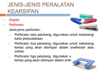 JENIS-JENIS PERALATAN
KEARSIPAN
8. Stapler
9. Perforator
Jenis-jenis perforator :
a. Perforator satu pelubang, digunakan untuk melubangi
kartu perpustakaan
b. Perforator dua pelubang, digunakan untuk melubangi
kertas yang akan disimpan dalam snelhecter atau
ordner
c. Perforator tiga pelubang, digunakan untuk melubangi
kertas yang akan disimpan dalam ordner
 