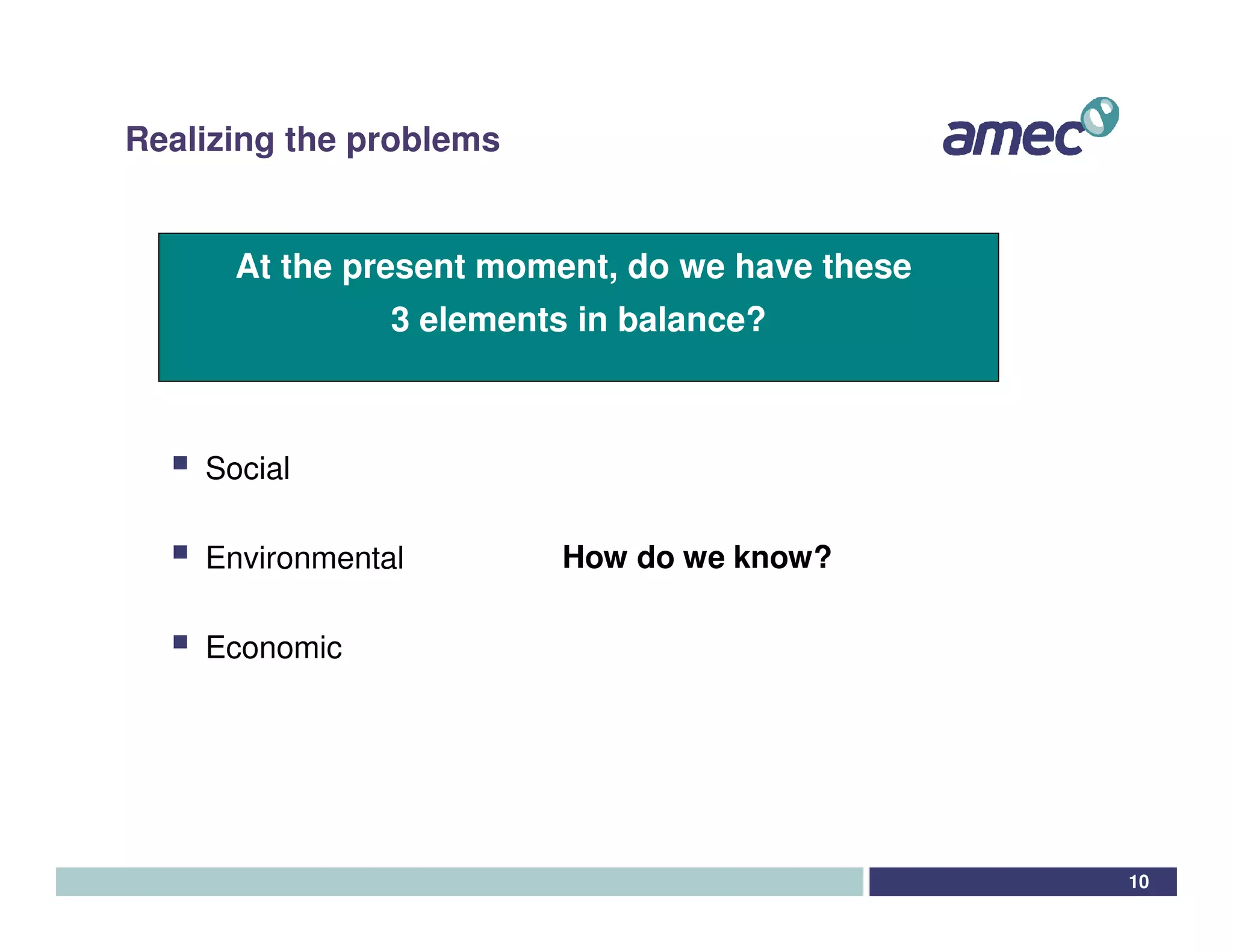 Realizing the problems


      At the present moment, do we have these
                3 elements in balance?



    Social

    Environmental         How do we know?

    Economic




                                                10
 