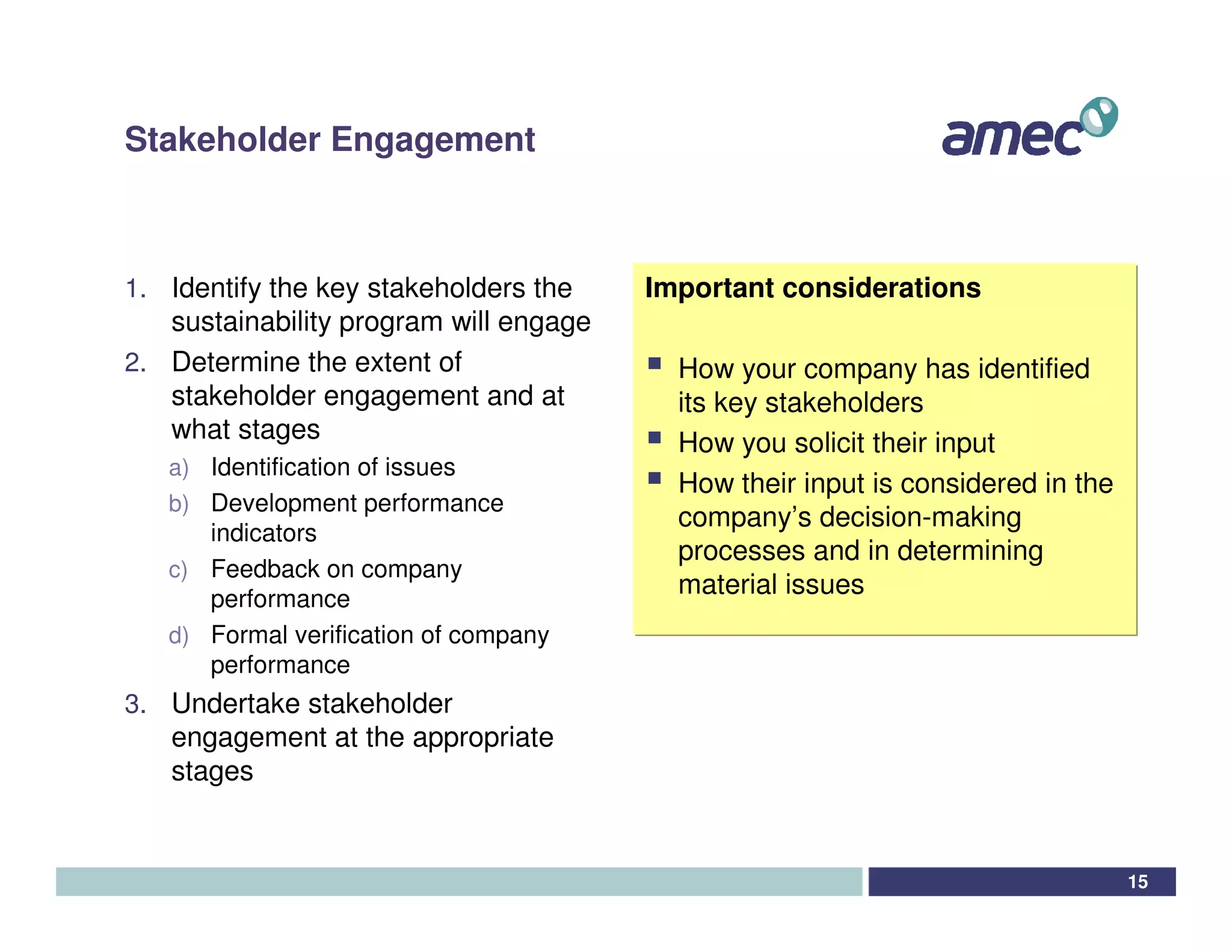 Stakeholder Engagement



1. Identify the key stakeholders the    Important considerations
   sustainability program will engage
2. Determine the extent of                How your company has identified
   stakeholder engagement and at          its key stakeholders
   what stages                            How you solicit their input
   a) Identification of issues
                                          How their input is considered in the
   b) Development performance
                                          company’s decision-making
      indicators
                                          processes and in determining
   c) Feedback on company
      performance
                                          material issues
   d) Formal verification of company
      performance
3. Undertake stakeholder
   engagement at the appropriate
   stages


                                                                                 15
 