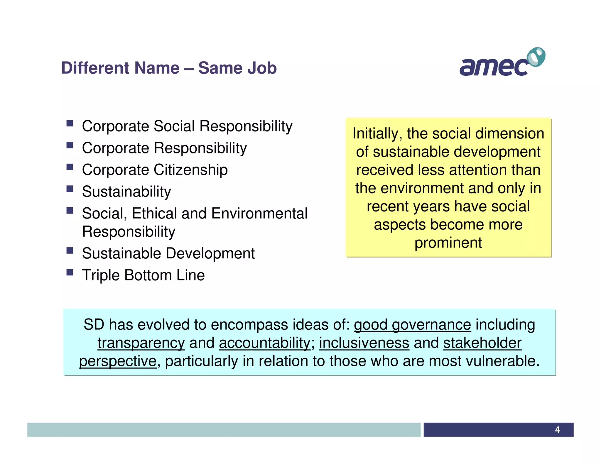 Different Name – Same Job


  Corporate Social Responsibility           Initially, the social dimension
  Corporate Responsibility                   of sustainable development
  Corporate Citizenship                      received less attention than
  Sustainability                             the environment and only in
  Social, Ethical and Environmental            recent years have social
  Responsibility                                aspects become more
                                                        prominent
  Sustainable Development
  Triple Bottom Line


   SD has evolved to encompass ideas of: good governance including
    transparency and accountability; inclusiveness and stakeholder
  perspective, particularly in relation to those who are most vulnerable.



                                                                              4
 