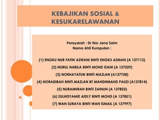 KEBAJIKAN SOSIAL &
KESUKARELAWANAN
Pensyarah : Dr Nor Jana Saim
Nama Ahli Kumpulan :
(1) ENGKU NUR FATIN AZWANI BINTI ENGKU AZMAN (A 137112)
(2) NURUL NABILA BINTI MOHD IZANI (A 137529)
(3) NORHAYATUN BINTI MAZLAN (A137758)
(4) NORADIBAH BINTI MAZLAN BT MAHD@MAHD PAUZI (A137814)
(5) NURAIMIRAH BINTI ZAINUN (A 137823)
(6) ZULHISYAMIE AIDLY BINTI MOHD (A 137851)
(7) WAN SURAYA BINTI WAN ISMAIL (A 137997)
 