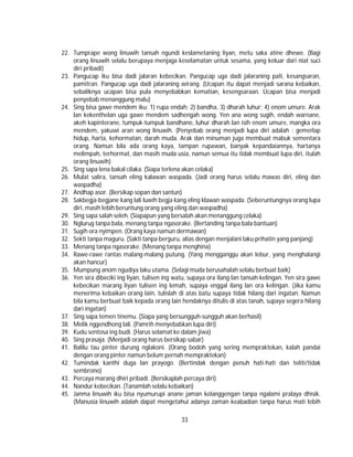 33
22. Tumprape wong linuwih tansah ngundi keslametaning liyan, metu saka atine dhewe. (Bagi
orang linuwih selalu berupaya menjaga keselamatan untuk sesama, yang keluar dari niat suci
diri pribadi)
23. Pangucap iku bisa dadi jalaran kebecikan. Pangucap uga dadi jalaraning pati, kesangsaran,
pamitran. Pangucap uga dadi jalaraning wirang. (Ucapan itu dapat menjadi sarana kebaikan,
sebaliknya ucapan bisa pula menyebabkan kematian, kesengsaraan. Ucapan bisa menjadi
penyebab menanggung malu)
24. Sing bisa gawe mendem iku: 1) rupa endah; 2) bandha, 3) dharah luhur; 4) enom umure. Arak
lan kekenthelan uga gawe mendem sadhengah wong. Yen ana wong sugih, endah warnane,
akeh kapinterane, tumpuk-tumpuk bandhane, luhur dharah lan isih enom umure, mangka ora
mendem, yakuwi aran wong linuwih. (Penyebab orang menjadi lupa diri adalah : gemerlap
hidup, harta, kehormatan, darah muda. Arak dan minuman juga membuat mabuk sementara
orang. Namun bila ada orang kaya, tampan rupawan, banyak kepandaiannya, hartanya
melimpah, terhormat, dan masih muda usia, namun semua itu tidak membuat lupa diri, itulah
orang linuwih)
25. Sing sapa lena bakal cilaka. (Siapa terlena akan celaka)
26. Mulat salira, tansah eling kalawan waspada. (Jadi orang harus selalu mawas diri, eling dan
waspadha)
27. Andhap asor. (Bersikap sopan dan santun)
28. Sakbegja-begjane kang lali luwih begja kang eling klawan waspada. (Seberuntungnya orang lupa
diri, masih lebih beruntung orang yang eling dan waspadha)
29. Sing sapa salah seleh. (Siapapun yang bersalah akan menanggung celaka)
30. Nglurug tanpa bala, menang tanpa ngasorake. (Bertanding tanpa bala bantuan)
31. Sugih ora nyimpen. (Orang kaya namun dermawan)
32. Sekti tanpa maguru. (Sakti tanpa berguru, alias dengan menjalani laku prihatin yang panjang)
33. Menang tanpa ngasorake. (Menang tanpa menghina)
34. Rawe-rawe rantas malang-malang putung. (Yang mengganggu akan lebur, yang menghalangi
akan hancur)
35. Mumpung anom ngudiya laku utama. (Selagi muda berusahalah selalu berbuat baik)
36. Yen sira dibeciki ing liyan, tulisen ing watu, supaya ora ilang lan tansah kelingan. Yen sira gawe
kebecikan marang liyan tulisen ing lemah, supaya enggal ilang lan ora kelingan. (Jika kamu
menerima kebaikan orang lain, tulislah di atas batu supaya tidak hilang dari ingatan. Namun
bila kamu berbuat baik kepada orang lain hendaknya ditulis di atas tanah, supaya segera hilang
dari ingatan)
37. Sing sapa temen tinemu. (Siapa yang bersungguh-sungguh akan berhasil)
38. Melik nggendhong lali. (Pamrih menyebabkan lupa diri)
39. Kudu sentosa ing budi. (Harus selamat ke dalam jiwa)
40. Sing prasaja. (Menjadi orang harus bersikap sabar)
41. Balilu tau pinter durung nglakoni. (Orang bodoh yang sering mempraktekan, kalah pandai
dengan orang pinter namun belum pernah mempraktekan)
42. Tumindak kanthi duga lan prayogo. (Bertindak dengan penuh hati-hati dan teliti/tidak
sembrono)
43. Percaya marang dhiri pribadi. (Bersikaplah percaya diri)
44. Nandur kebecikan. (Tanamlah selalu kebaikan)
45. Janma linuwih iku bisa nyumurupi anane jaman kelanggengan tanpa ngalami pralaya dhisik.
(Manusia linuwih adalah dapat mengetahui adanya zaman keabadian tanpa harus mati lebih
 