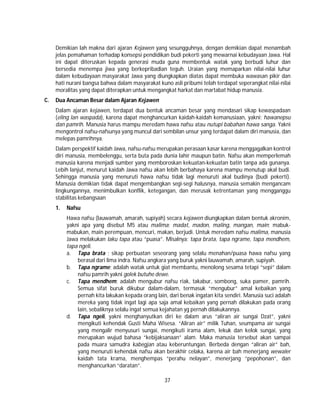 37
Demikian lah makna dari ajaran Kejawen yang sesungguhnya, dengan demikian dapat menambah
jelas pemahaman terhadap konsepsi pendidikan budi pekerti yang mewarnai kebudayaan Jawa. Hal
ini dapat diteruskan kepada generasi muda guna membentuk watak yang berbudi luhur dan
bersedia menempa jiwa yang berkepribadian teguh. Uraian yang memaparkan nilai-nilai luhur
dalam kebudayaan masyarakat Jawa yang diungkapkan diatas dapat membuka wawasan pikir dan
hati nurani bangsa bahwa dalam masyarakat kuno asli pribumi telah terdapat seperangkat nilai-nilai
moralitas yang dapat diterapkan untuk mengangkat harkat dan martabat hidup manusia.
C. Dua Ancaman Besar dalam Ajaran Kejawen
Dalam ajaran kejawen, terdapat dua bentuk ancaman besar yang mendasari sikap kewaspadaan
(eling lan waspada), karena dapat menghancurkan kaidah-kaidah kemanusiaan, yakni; hawanepsu
dan pamrih. Manusia harus mampu meredam hawa nafsu atau nutupi babahan hawa sanga. Yakni
mengontrol nafsu-nafsunya yang muncul dari sembilan unsur yang terdapat dalam diri manusia, dan
melepas pamrihnya.
Dalam perspektif kaidah Jawa, nafsu-nafsu merupakan perasaan kasar karena menggagalkan kontrol
diri manusia, membelenggu, serta buta pada dunia lahir maupun batin. Nafsu akan memperlemah
manusia karena menjadi sumber yang memboroskan kekuatan-kekuatan batin tanpa ada gunanya.
Lebih lanjut, menurut kaidah Jawa nafsu akan lebih berbahaya karena mampu menutup akal budi.
Sehingga manusia yang menuruti hawa nafsu tidak lagi menuruti akal budinya (budi pekerti).
Manusia demikian tidak dapat mengembangkan segi-segi halusnya, manusia semakin mengancam
lingkungannya, menimbulkan konflik, ketegangan, dan merusak ketrentaman yang mengganggu
stabilitas kebangsaan
1. Nafsu
Hawa nafsu (lauwamah, amarah, supiyah) secara kejawen diungkapkan dalam bentuk akronim,
yakni apa yang disebut M5 atau malima; madat, madon, maling, mangan, main; mabuk-
mabukan, main perempuan, mencuri, makan, berjudi. Untuk meredam nafsu malima, manusia
Jawa melakukan laku tapa atau “puasa”. Misalnya; tapa brata, tapa ngrame, tapa mendhem,
tapa ngeli.
a. Tapa brata ; sikap perbuatan seseorang yang selalu menahan/puasa hawa nafsu yang
berasal dari lima indra. Nafsu angkara yang buruk yakni lauwamah, amarah, supiyah.
b. Tapa ngrame; adalah watak untuk giat membantu, menolong sesama tetapi “sepi” dalam
nafsu pamrih yakni golek butuhe dewe.
c. Tapa mendhem; adalah mengubur nafsu riak, takabur, sombong, suka pamer, pamrih.
Semua sifat buruk dikubur dalam-dalam, termasuk “mengubur” amal kebaikan yang
pernah kita lakukan kepada orang lain, dari benak ingatan kita sendiri. Manusia suci adalah
mereka yang tidak ingat lagi apa saja amal kebaikan yang pernah dilakukan pada orang
lain, sebaliknya selalu ingat semua kejahatan yg pernah dilakukannya.
d. Tapa ngeli, yakni menghanyutkan diri ke dalam arus “aliran air sungai Dzat”, yakni
mengikuti kehendak Gusti Maha Wisesa. “Aliran air” milik Tuhan, seumpama air sungai
yang mengalir menyusuri sungai, mengikuti irama alam, lekuk dan kelok sungai, yang
merupakan wujud bahasa “kebijaksanaan” alam. Maka manusia tersebut akan sampai
pada muara samudra kabegjan atau keberuntungan. Berbeda dengan “aliran air” bah,
yang menuruti kehendak nafsu akan berakhir celaka, karena air bah menerjang wewaler
kaidah tata krama, menghempas “perahu nelayan”, menerjang “pepohonan”, dan
menghancurkan “daratan”.
 