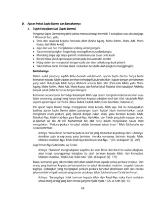 69
D. Ajaran Pokok Sapto Darmo dan Bantahannya
1. Tujuh Kewajiban Suci (Sapto Darmo)
Penganut Sapto Darmo meyakini bahwa manusia hanya memiliki 7 kewajiban atau disebut juga
7 Wewarah Suci, yaitu:
 Setia dan tawakkal kepada Pancasila Allah (Maha Agung, Maha Rahim, Maha Adil, Maha
Kuasa, dan Maha Kekal).
 Jujur dan suci hati menjalankan undang-undang negara.
 Turut menyingsingkan lengan baju menegakkan nusa dan bangsa.
 Menolong siapa saja tanpa pamrih, melainkan atas dasar cinta kasih.
 Berani hidup atas kepercayaan penuh pada kekuatan diri-sendiri.
 Hidup dalam bermasyarakat dengan susila dan disertai halusnya budi pekerti.
 Yakin bahwa dunia ini tidak abadi, melainkan berubah-ubah (angkoro manggilingan).
Bantahannya:
Dalam sudut pandang aqidah Ahlus-Sunnah wal-Jama’ah, ajaran Sapto Darmo hanya berisi
keimanan kepada Allah sebatas beriman terhadap Rububiyah Allah; itupun dengan pemahaman
yang salah. Rububiyah Allah hanya difahami sebatas lima sifat (Pancasila Allah) yaitu Maha
Agung, Maha Rahim, Maha Adil, Maha Kuasa, dan Maha Kekal. Padahal sifat rububiyah Allah itu
banyak sekali (tidak terbatas dengan bilangan).
Keimanan secara benar terhadap Rububiyah Allah saja belum menjamin kebenaran Iman atau
Islam seseorang, apalagi yang hanya beriman kepada sebagian kecil dari sifat rububiyah Allah
seperti ajaran Sapto Darmo ini. (Baca: Rubrik Tauhid oleh Ustadz Abu Nida’, halaman 2).
Inti ajaran Sapto Darmo hanya mengajarkan iman kepada Allah saja. Hal itu menunjukkan
batilnya ajaran Sapto Darmo dalam pandangan Islam. Aqidah Islam memerintahkan untuk
mengimani enam perkara yang dikenal dengan rukun iman, yaitu beriman kepada Allah,
Malaikat-Nya, Kitab-kitab-Nya, para Rasul-Nya, Hari Akhir, dan Takdir yang baik maupun buruk.
al-Allamah Ali bin Ali bin Muhammad bin Abil ‘Izzi4 dalam menjelaskan rukun iman
mengatakan; “Perkara-perkara tersebut adalah termasuk rukun iman.” Allah Subhanahu wa
Ta’ala berfirman:
Artinya; “Rasul telah beriman kepada al-Qur’an yang diturunkan kepadanya dari Tuhannya;
demikian pula orang-orang yang beriman; mereka semuanya beriman kepada Allah,
Malaikat-malaikat-Nya, Kitab-kitab-Nya dan Rasul-rasul-Nya…” (QS. al-Baqarah [2] : 285)
Juga firman-Nya Subhanahu wa Ta’ala:
Artinya; “Bukanlah menghadapkan wajahmu ke arah Timur dan Barat itu suatu kebajikan,
akan tetapi sesungguhnya kebajikan itu ialah beriman kepada Allah, Hari Kemudian,
Malaikat-malaikat, Kitab-kitab, Nabi-nabi.” (QS. al-Baqarah [2] : 177)
Maka, keimanan yang dikehendaki oleh Allah adalah iman kepada semua perkara tersebut. Dan
orang yang beriman kepada perkara-perkara tersebut dinamakan mukmin; surgalah balasan
baginya. Sedangkan yang mengingkari perkara-perkara tersebut dinamakan kafir dan neraka
jahannamlah tempat kembali yang pantas untuknya. Allah Subhanahu wa Ta’ala berfirman:
Artinya; “Barangsiapa tidak beriman kepada Allah dan Rasul-Nya maka Kami sediakan
untuk orang-orang yang kafir neraka yang menyala-nyala.” (QS. al-Fath [48] :13)
 