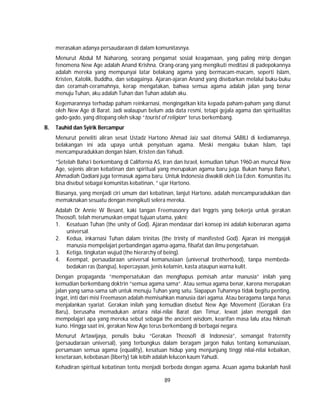 89
merasakan adanya persaudaraan di dalam komunitasnya.
Menurut Abdul M Naharong, seorang pengamat sosial keagamaan, yang paling mirip dengan
fenomena New Age adalah Anand Krishna. Orang-orang yang mengikuti meditasi di padepokannya
adalah mereka yang mempunyai latar belakang agama yang bermacam-macam, seperti Islam,
Kristen, Katolik, Buddha, dan sebagainya. Ajaran-ajaran Anand yang disebarkan melalui buku-buku
dan ceramah-ceramahnya, kerap mengatakan, bahwa semua agama adalah jalan yang benar
menuju Tuhan, aku adalah Tuhan dan Tuhan adalah aku.
Kegemarannya terhadap paham reinkarnasi, mengingatkan kita kepada paham-paham yang dianut
oleh New Age di Barat. Jadi walaupun belum ada data resmi, tetapi gejala agama dan spiritualitas
gado-gado, yang ditopang oleh sikap “tourist of religion” terus berkembang.
B. Tauhid dan Syirik Bercampur
Menurut peneliti aliran sesat Ustadz Hartono Ahmad Jaiz saat ditemui SABILI di kediamannya,
belakangan ini ada upaya untuk penyatuan agama. Meski mengaku bukan Islam, tapi
mencampuradukkan dengan Islam, Kristen dan Yahudi.
”Setelah Baha’i berkembang di California AS, Iran dan Israel, kemudian tahun 1960-an muncul New
Age, sejenis aliran kebatinan dan spiritual yang merupakan agama baru juga. Bukan hanya Baha’i,
Ahmadiah Qadiani juga termasuk agama baru. Untuk Indonesia diwakili oleh Lia Eden. Komunitas itu
bisa disebut sebagai komunitas kebatinan, ” ujar Hartono.
Biasanya, yang menjadi ciri umum dari kebatinan, lanjut Hartono, adalah mencampuradukkan dan
memaknakan sesuatu dengan mengikuti selera mereka.
Adalah Dr Annie W Besant, kaki tangan Freemasonry dari Inggris yang bekerja untuk gerakan
Theosofi, telah merumuskan empat tujuan utama, yakni:
1. Kesatuan Tuhan (the unity of God). Ajaran mendasar dari konsep ini adalah kebenaran agama
universal.
2. Kedua, inkarnasi Tuhan dalam trinitas (the trinity of manifested God). Ajaran ini mengajak
manusia mempelajari perbandingan agama-agama, filsafat dan ilmu pengetahuan.
3. Ketiga, tingkatan wujud (the hierarchy of being).
4. Keempat, persaudaraan universal kemanusiaan (universal brotherhood), tanpa membeda-
bedakan ras (bangsa), kepercayaan, jenis kelamin, kasta ataupun warna kulit.
Dengan propaganda ”mempersatukan dan menghapus pemisah antar manusia” inilah yang
kemudian berkembang doktrin ”semua agama sama”. Atau semua agama benar, karena merupakan
jalan yang sama-sama sah untuk menuju Tuhan yang satu. Siapapun Tuhannya tidak begitu penting.
Ingat, inti dari misi Freemason adalah memisahkan manusia dari agama. Atau beragama tanpa harus
menjalankan syariat. Gerakan inilah yang kemudian disebut New Age Movement (Gerakan Era
Baru), berusaha memadukan antara nilai-nilai Barat dan Timur, lewat jalan menggali dan
mempelajari apa yang mereka sebut sebagai the ancient wisdom, kearifan masa lalu atau hikmah
kuno. Hingga saat ini, gerakan New Age terus berkembang di berbagai negara.
Menurut Artawijaya, penulis buku “Gerakan Theosofi di Indonesia”, semangat fraternity
(persaudaraan universal), yang terbungkus dalam beragam jargon halus tentang kemanusiaan,
persamaan semua agama (equality), kesatuan hidup yang menjunjung tinggi nilai-nilai kebaikan,
kesetaraan, kebebasan (liberty) tak lebih adalah lelucon kaum Yahudi.
Kehadiran spiritual kebatinan tentu menjadi berbeda dengan agama. Acuan agama bukanlah hasil
 