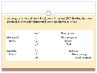  Although a variety of Work Breakdown Structure (WBS) exist, the most
common is the six level indented structure shown as below.
 