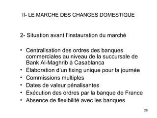 II- LE MARCHE DES CHANGES DOMESTIQUE


2- Situation avant l’instauration du marché

• Centralisation des ordres des banques
  commerciales au niveau de la succursale de
  Bank Al-Maghrib à Casablanca
• Élaboration d’un fixing unique pour la journée
• Commissions multiples
• Dates de valeur pénalisantes
• Exécution des ordres par la banque de France
• Absence de flexibilité avec les banques
                                                   29
 